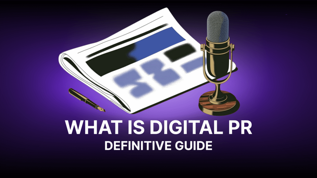 Digital PR illustration featuring a news publication, microphone, and pen for a definitive guide to digital public relations.