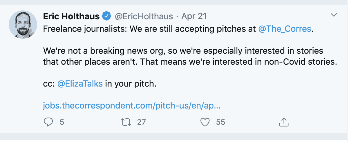 screenshot of tweet accepting story pitches