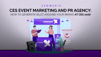 Illustration of a CES trade show booth with two presenters under the banner "Company X," representing CES event marketing and PR strategies for exhibitors in 2026.