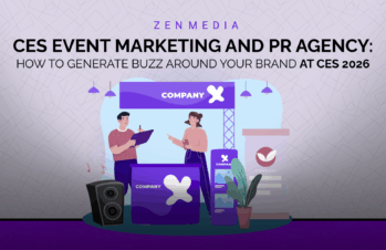 Illustration of a CES trade show booth with two presenters under the banner "Company X," representing CES event marketing and PR strategies for exhibitors in 2026.