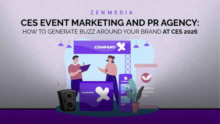 Illustration of a CES trade show booth with two presenters under the banner "Company X," representing CES event marketing and PR strategies for exhibitors in 2026.