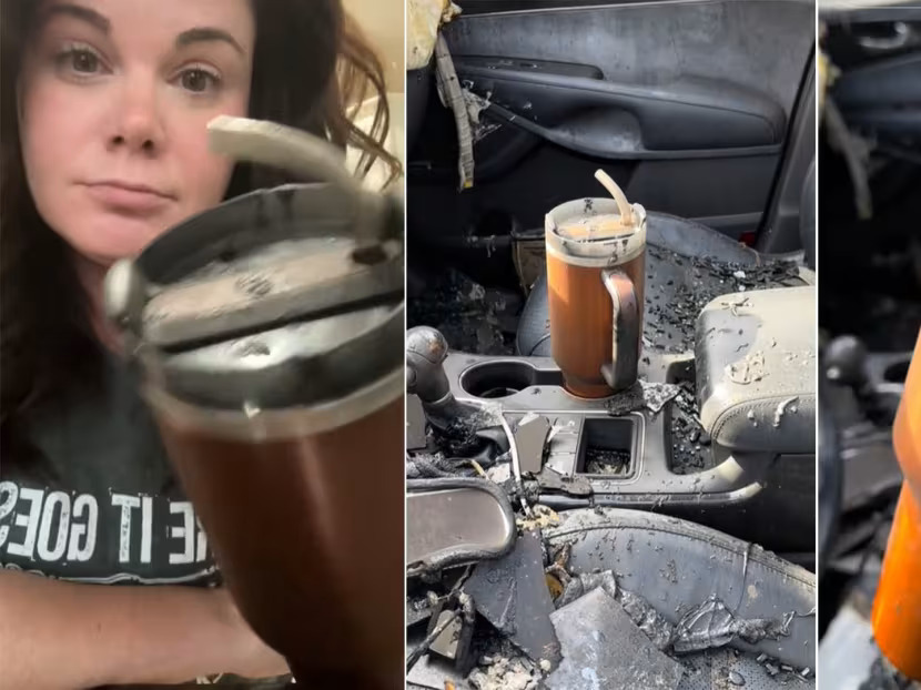 Stanley tumbler sitting intact in a burned-out car cupholder, the viral TikTok moment that launched Stanley's 2024 PR comeback