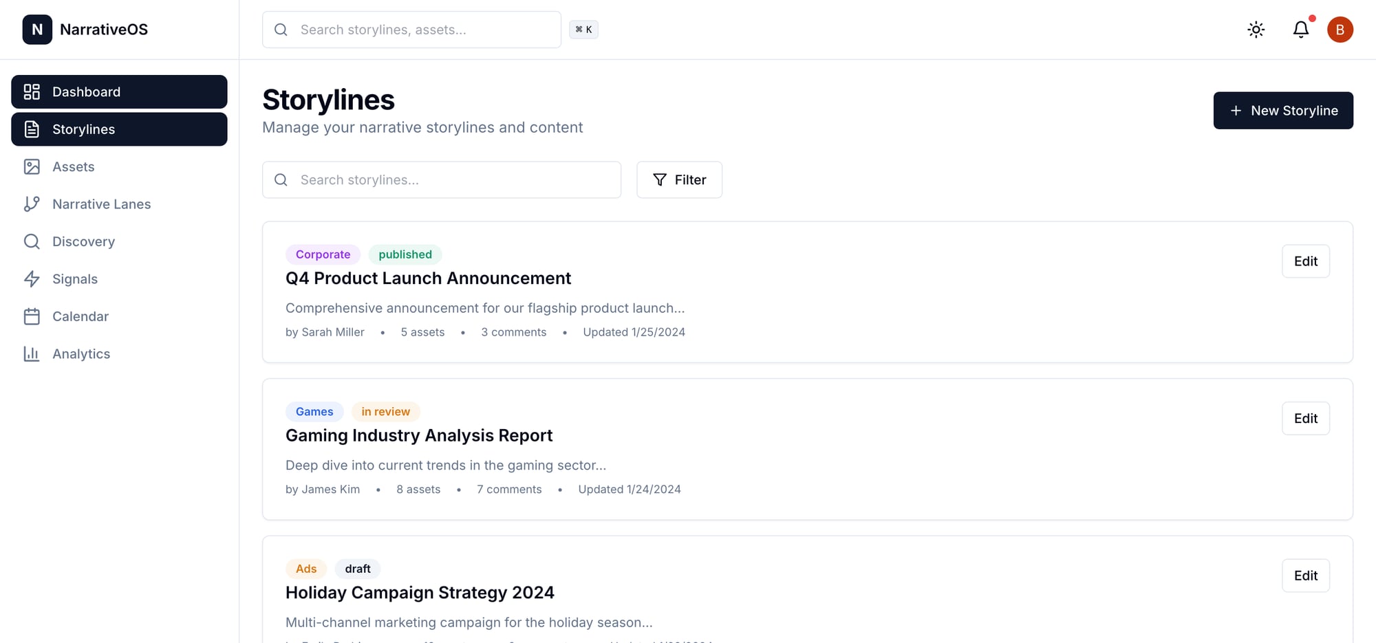 NarrativeOS storylines view showing content workflow status from draft to published with owner, assets, and comment thread