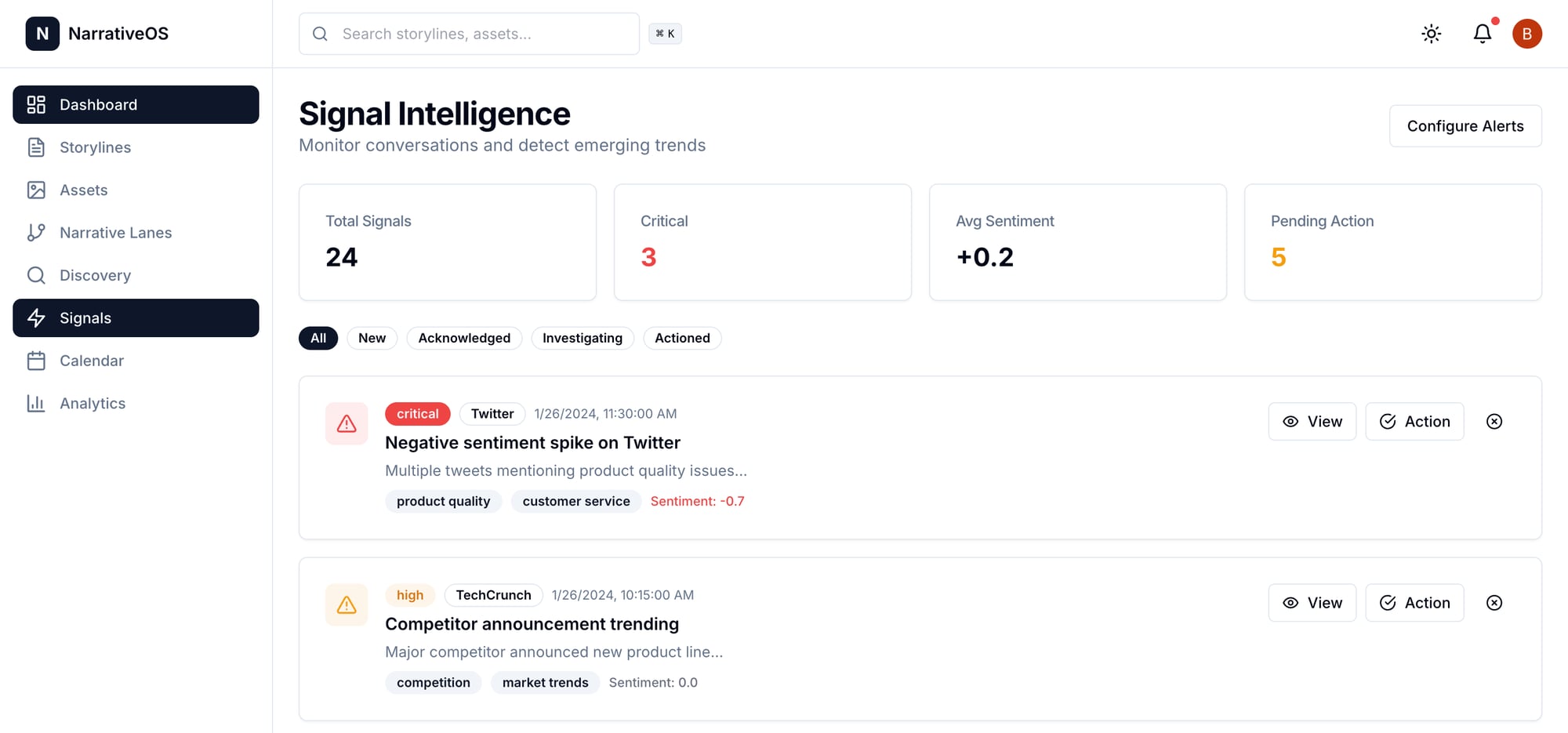 NarrativeOS brand signal intelligence view showing prioritized alerts by severity and sentiment with recommended response paths