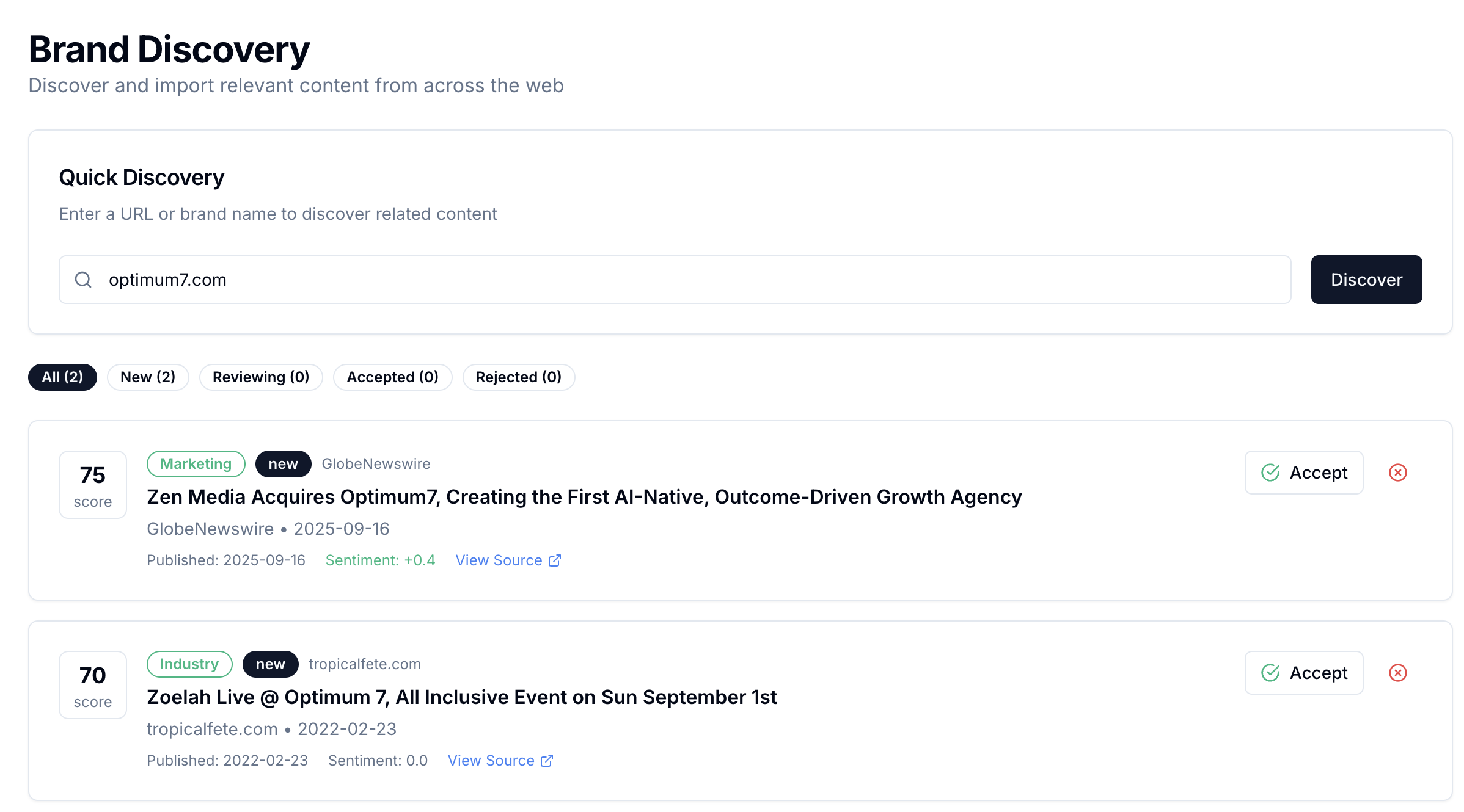 NarrativeOS discovery feature showing brand-related web content pulled in seconds for competitive monitoring and reactive PR