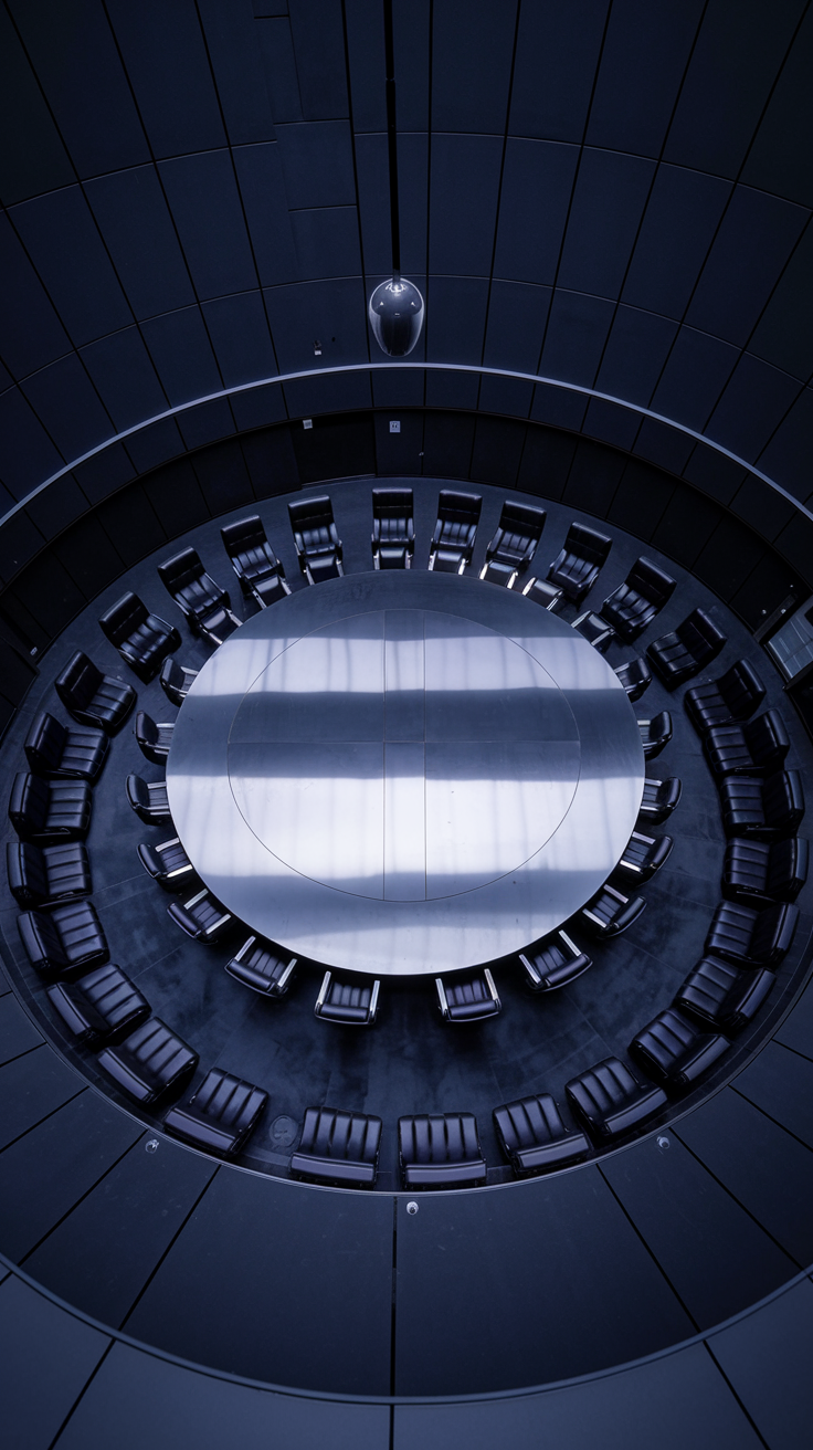 Overhead view of a circular executive boardroom with chairs arranged around a conference table