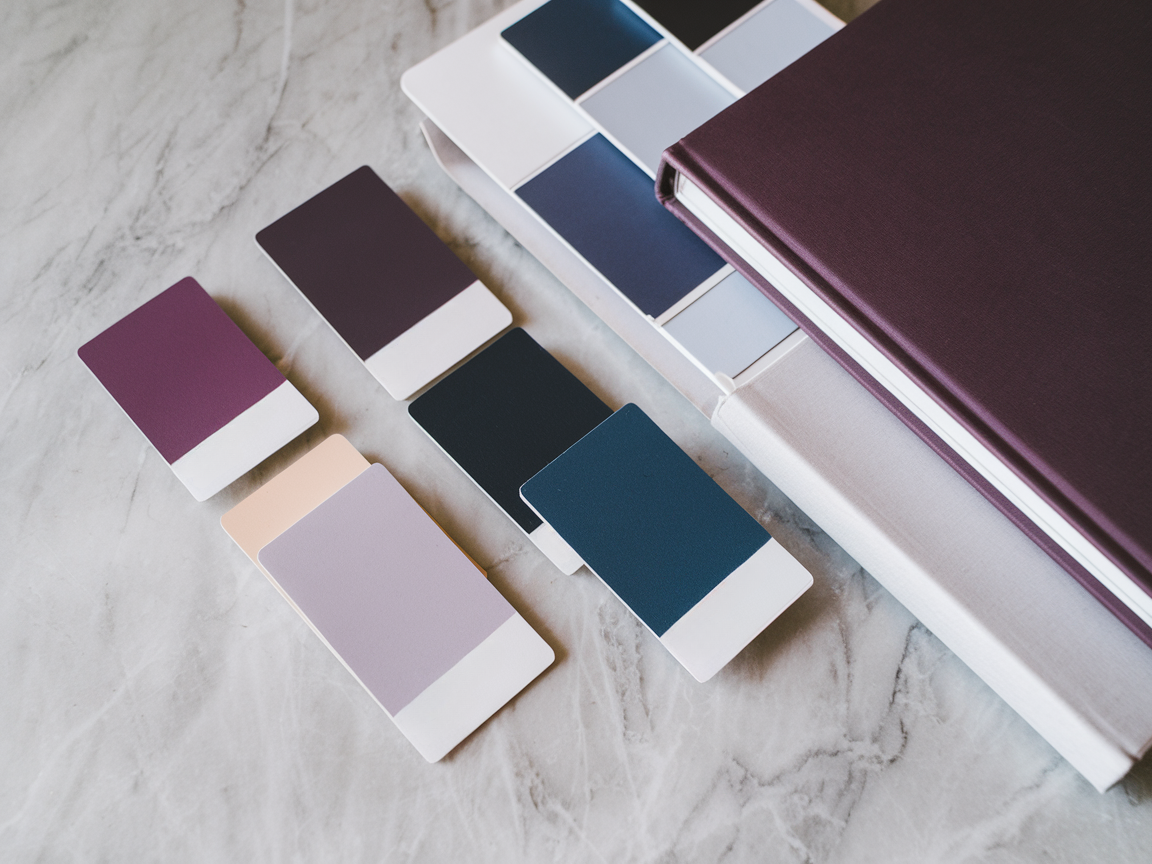 Open brand guidelines document with color palette swatches and leather portfolio notebook on marble surface
