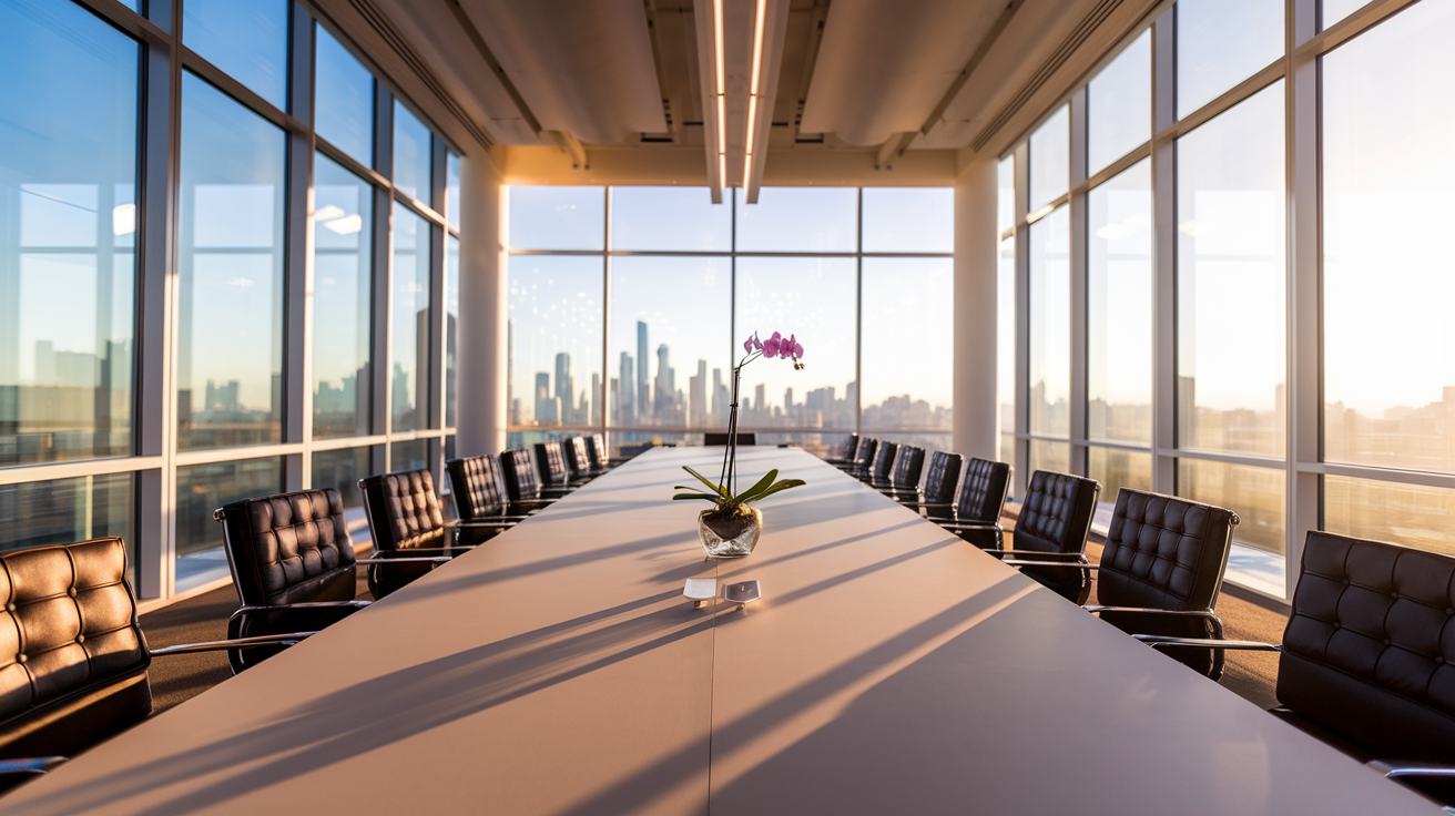 Empty modern executive conference room with floor-to-ceiling windows and afternoon light