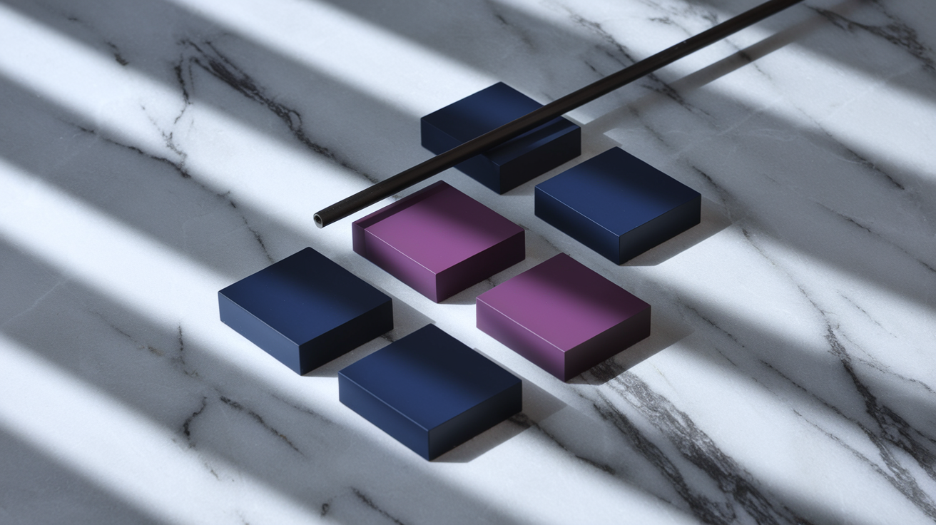 Five matte acrylic blocks in deep navy and violet arranged on white marble, one separated from the group, a black rod resting across them