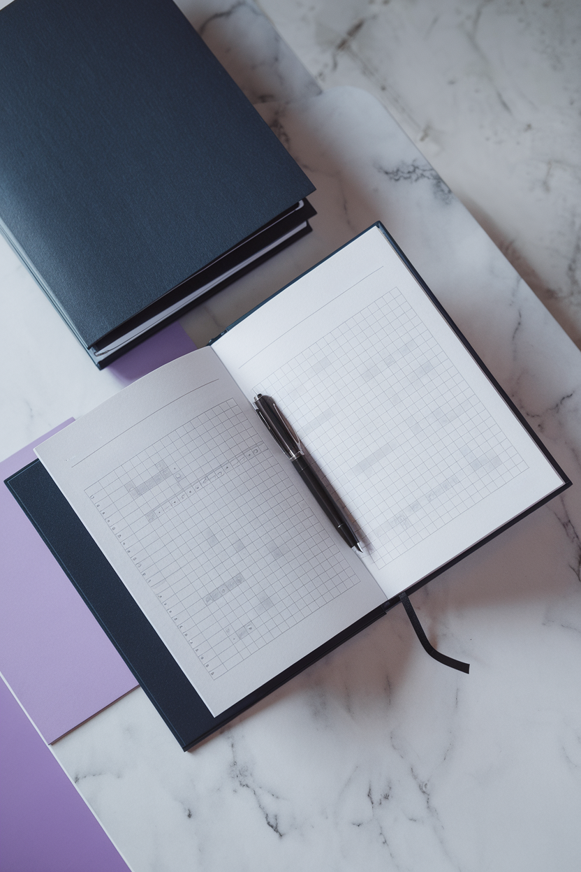 Navy portfolio folder with purple and slate tab dividers, cream notebook and pen on white marble surface