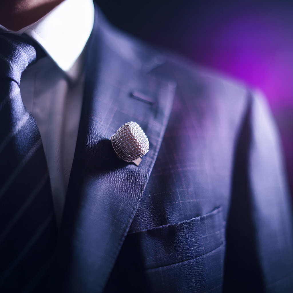 Close-up of a lavalier microphone clipped to a dark navy suit lapel with purple ambient light, representing a B2B expert influencer being recorded for co-created content