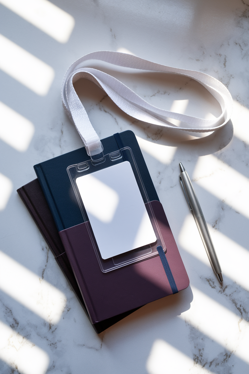Navy notebook, conference badge and lanyard, and pen on white marble, representing the structured deliverables of a B2B event marketing engagement