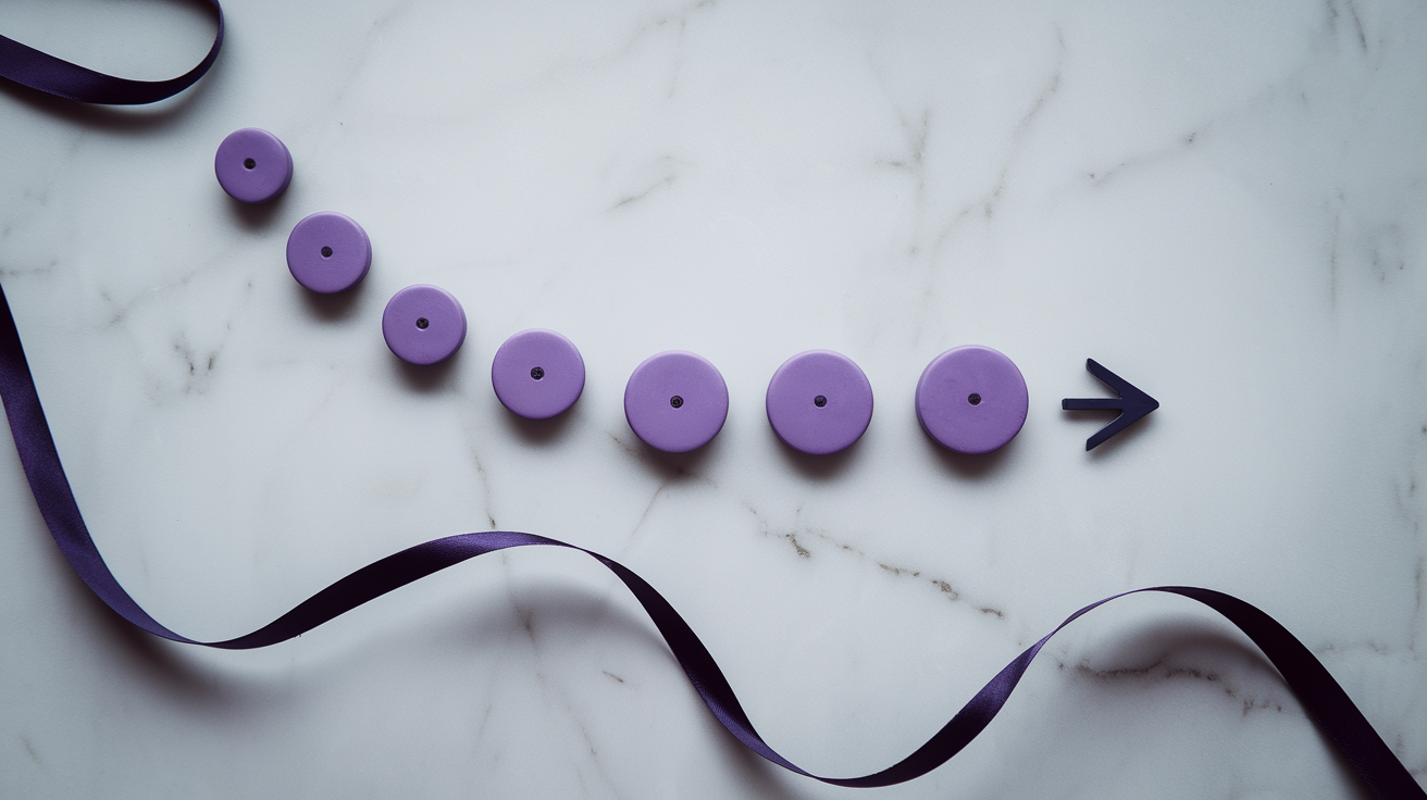 Printed customer journey flowchart with purple sticky notes on a conference table, pen resting alongside