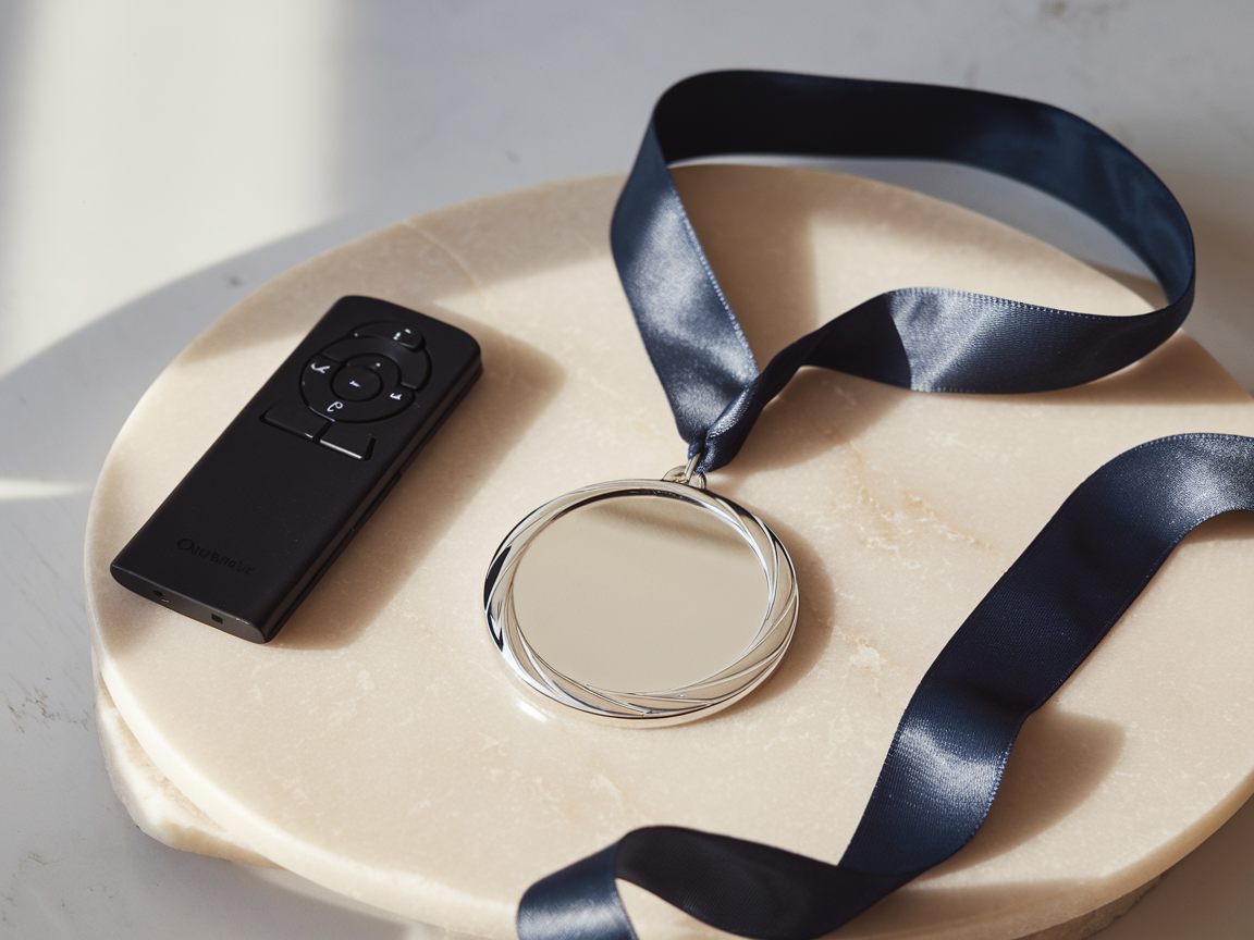 Editorial flat-lay of a silver award medal on a dark ribbon beside a wireless presentation clicker on marble