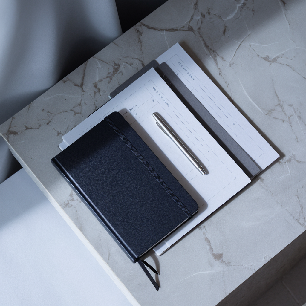 Editorial flatlay of a dark notebook and press documents on marble, representing B2B tech PR materials
