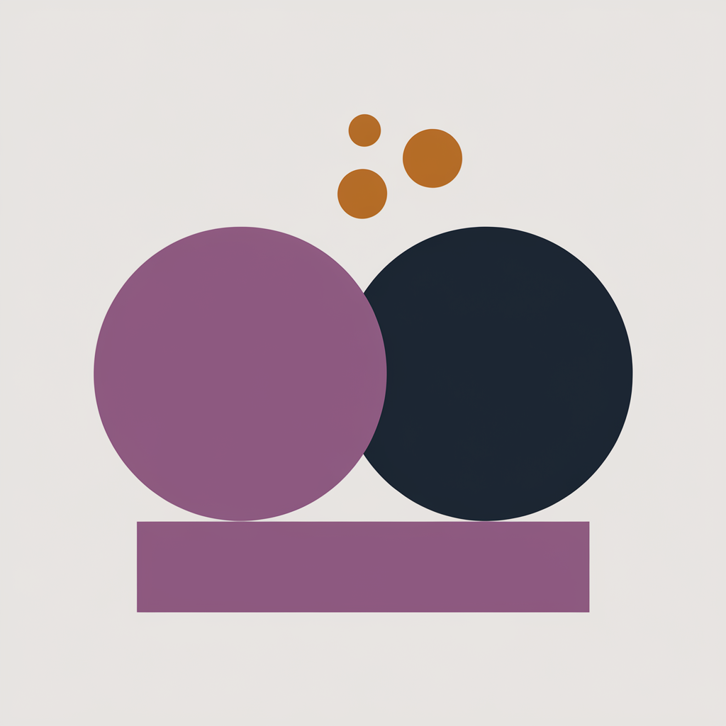 Flat geometric illustration of two overlapping circles in purple and dark navy, with three small amber accent circles above and a solid purple rectangle at the base, representing the protective framework of B2B crisis communication and reputation management