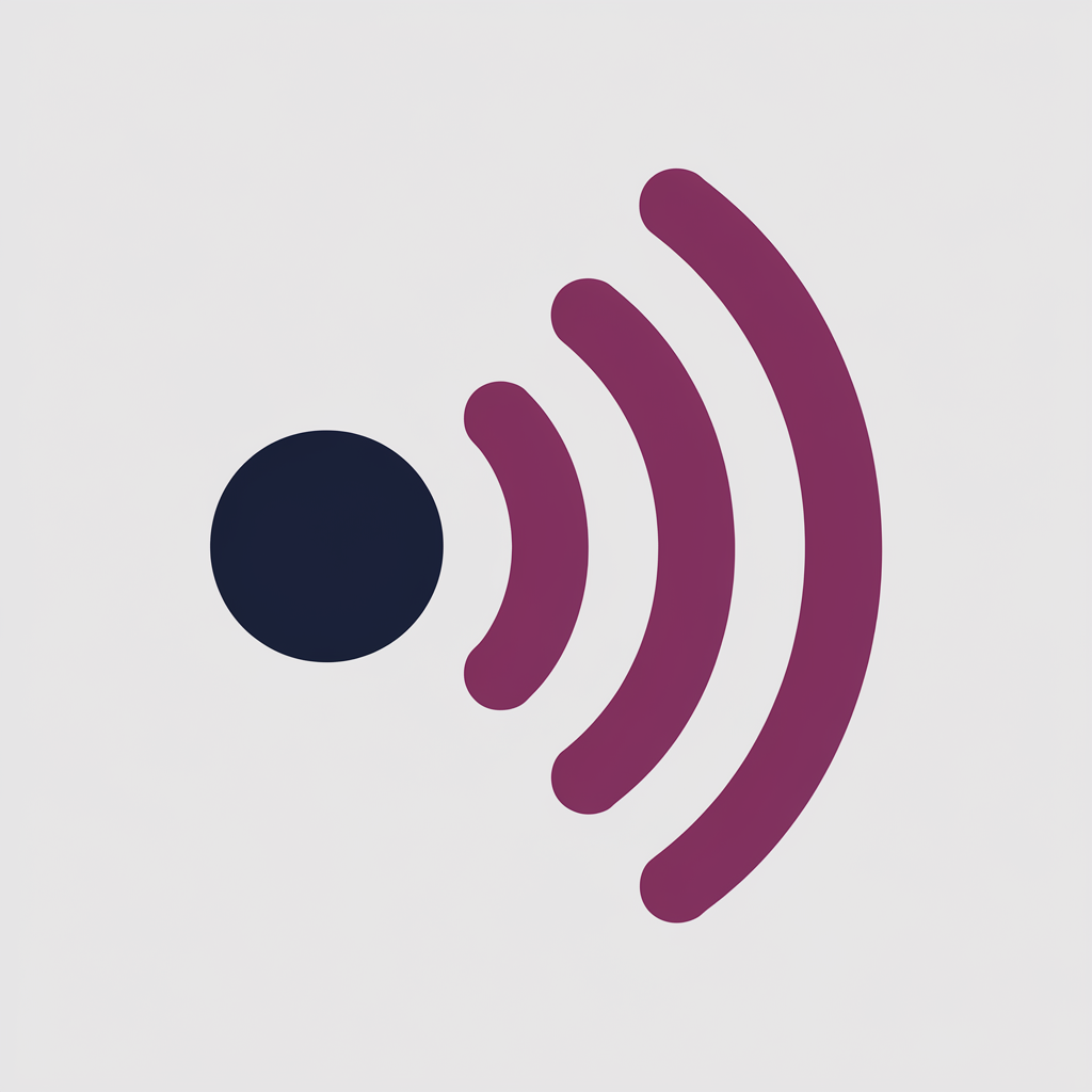 Flat illustration: a navy circle broadcasting concentric signal arcs outward, representing B2B media relations reaching buyers through earned press coverage