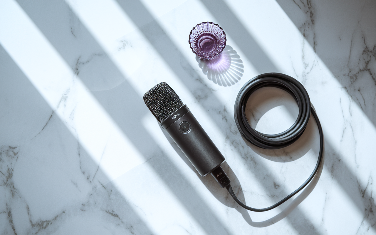 Editorial flatlay of a professional condenser microphone and purple glass accent on marble, representing B2B press and media coverage