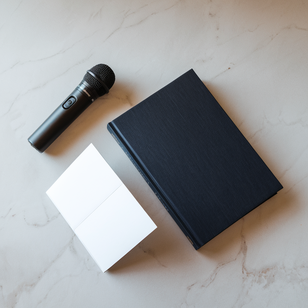 Editorial flatlay of a dark notebook, microphone, and blank card on marble, representing executive thought leadership materials