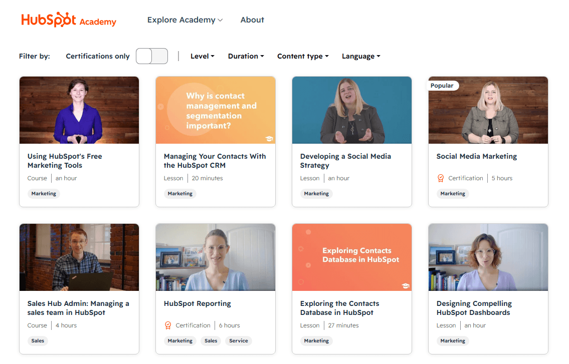 HubSpot Academy course library showing marketing, CRM, reporting, and social media training courses with filters for certifications, level, duration, content type, and language.