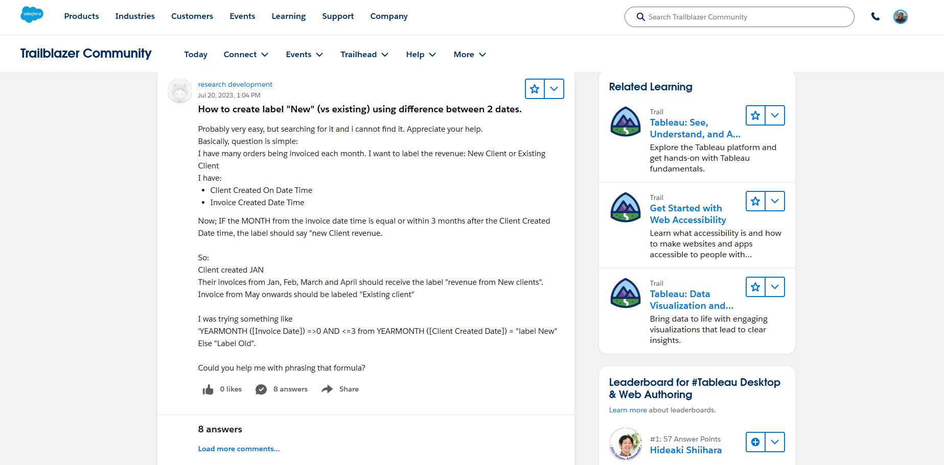 Screenshot of a Salesforce Trailblazer Community forum discussion about creating a New versus Existing client label using date comparisons in Tableau formulas.