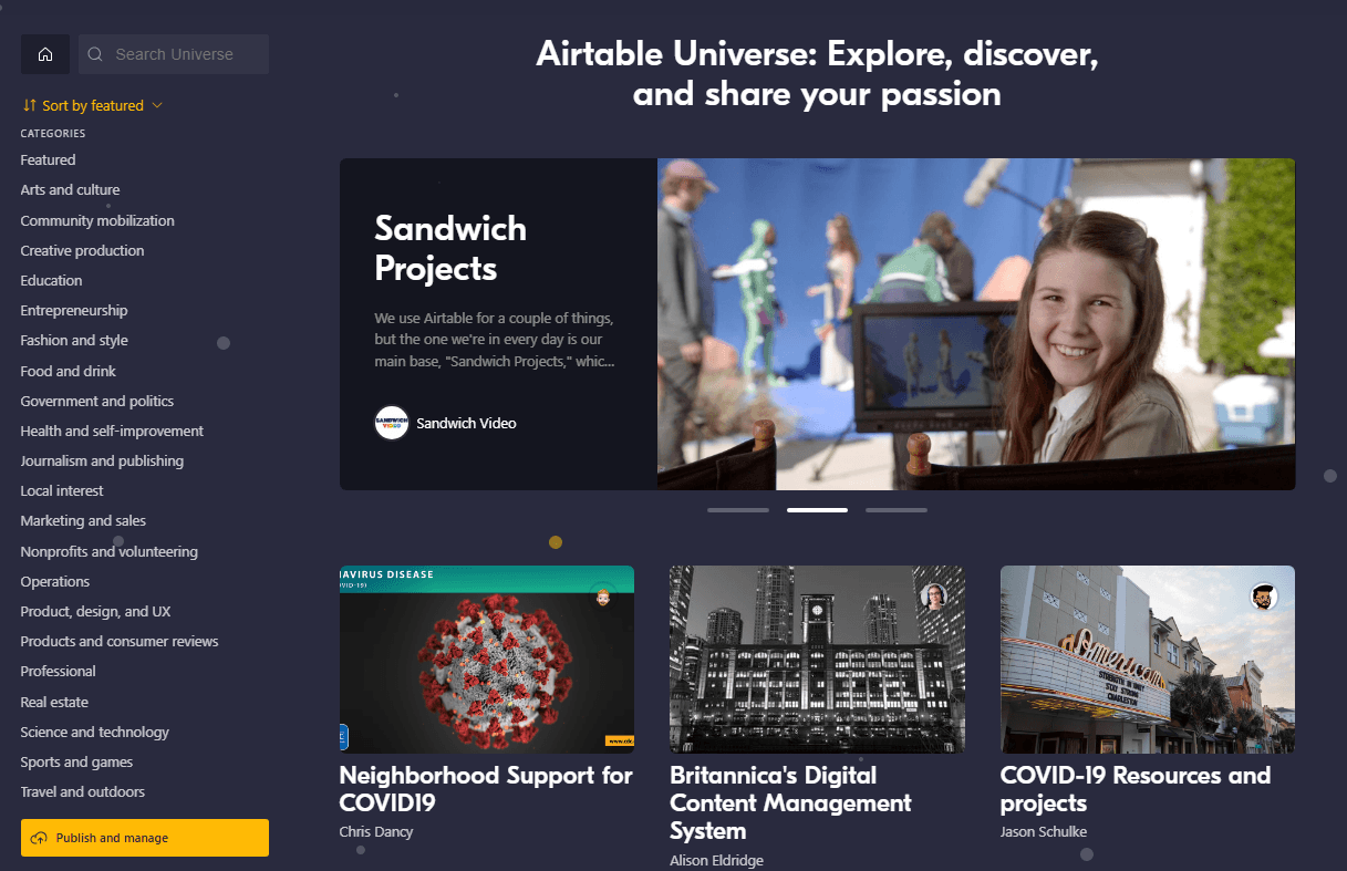 Screenshot of the Airtable Universe homepage featuring community-created projects and templates across categories such as marketing, education, operations, and science, with highlighted examples like Sandwich Projects and COVID-19 resources.