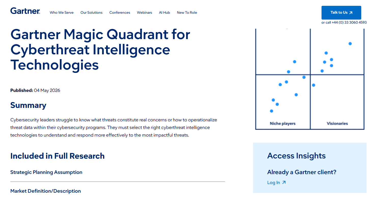 Screenshot of a Gartner research webpage titled Gartner Magic Quadrant for Cyberthreat Intelligence Technologies, featuring a summary section and a Magic Quadrant chart comparing technology vendors.