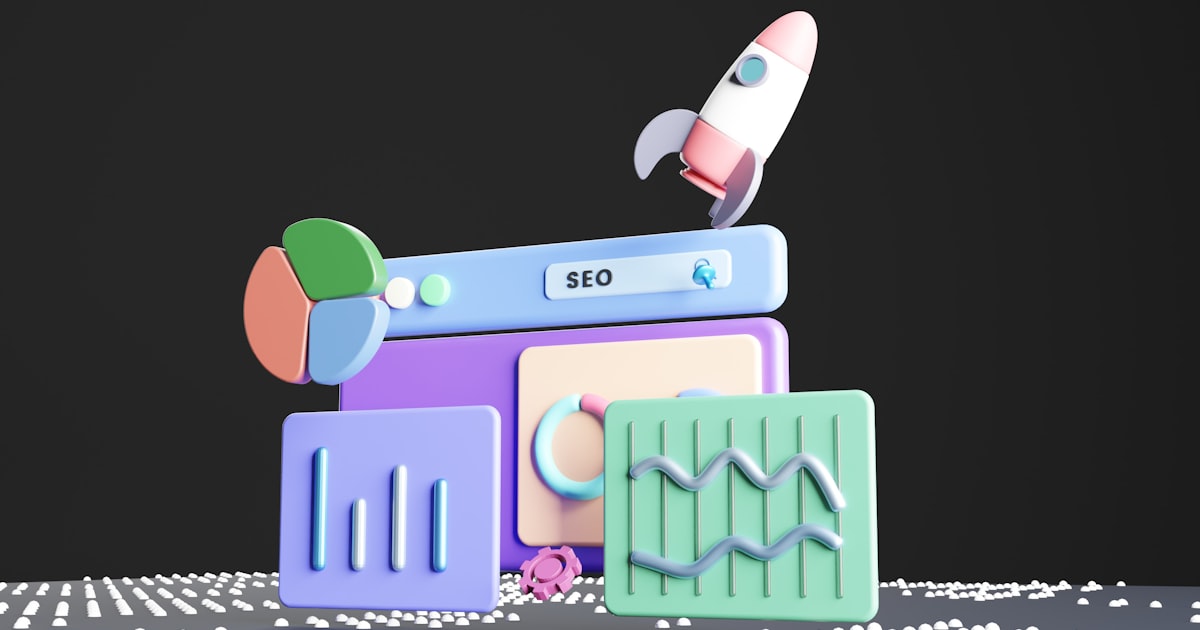 Digital analytics dashboard with search engine optimization metrics, upward growth charts, and ranking indicators displayed on a dark background
