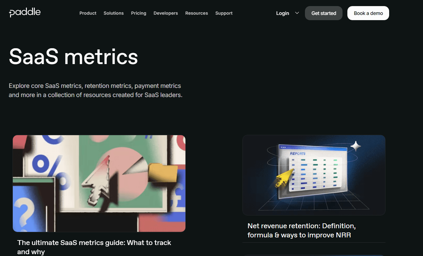 Screenshot of Paddle's SaaS metrics resource page featuring guides on retention, payment, and revenue metrics, including articles about SaaS metric tracking and net revenue retention (NRR).
