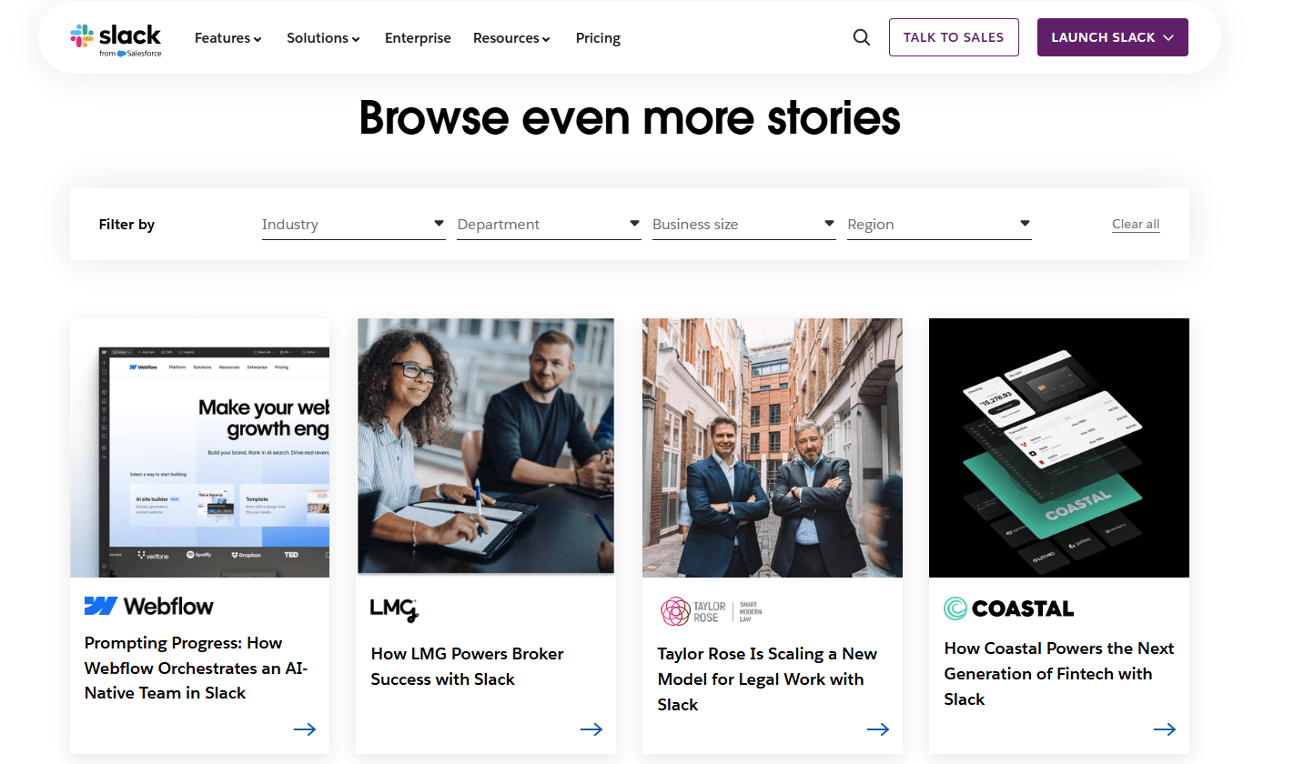 Screenshot of Slack's customer stories webpage featuring case studies from companies like Webflow, LMG, Taylor Rose, and Coastal, with filters for industry, department, business size, and region.
