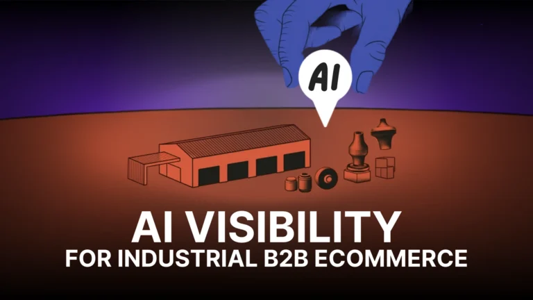 Illustration of AI visibility for industrial B2B eCommerce, showing AI-generated recommendations connected to industrial products and a manufacturing facility.
