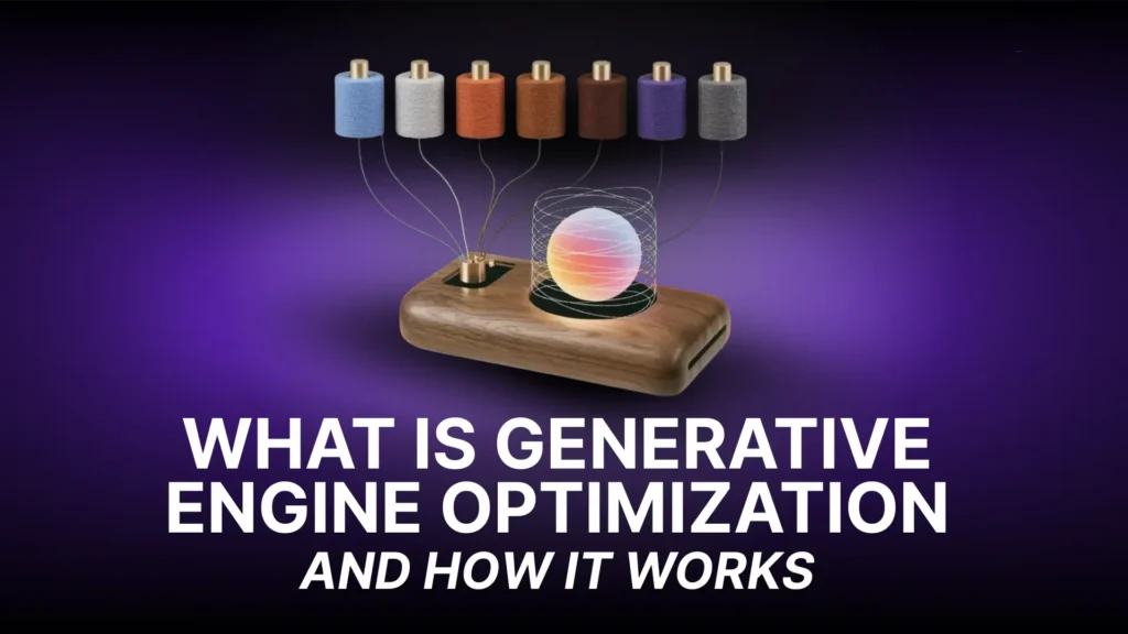 Illustration representing Generative Engine Optimization (GEO), showing multiple content sources connected to an AI system that generates search responses and recommendations.