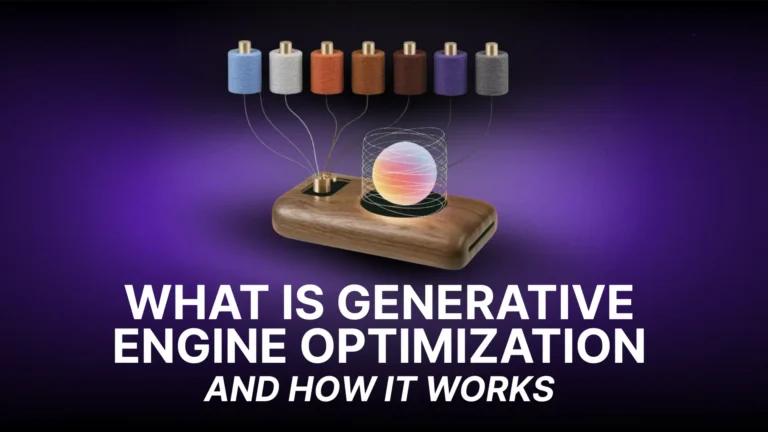 Illustration representing Generative Engine Optimization (GEO), showing multiple content sources connected to an AI system that generates search responses and recommendations.