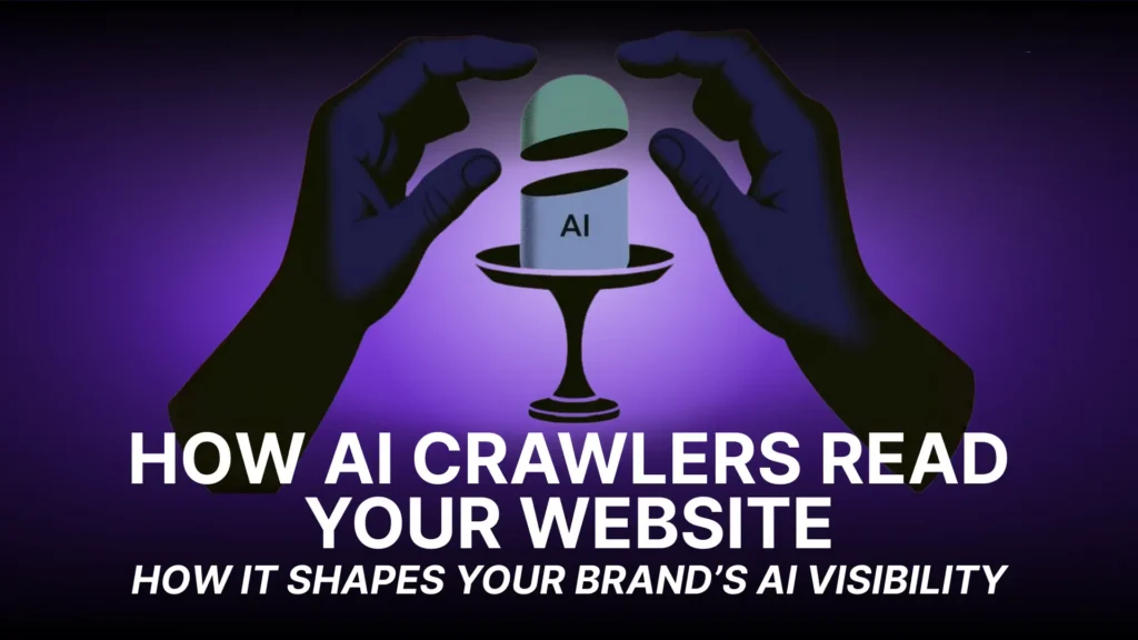 Illustration showing AI crawlers analyzing website content to influence brand AI visibility, search discovery, and generative AI recommendations.