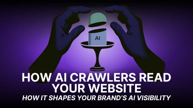Illustration showing AI crawlers analyzing website content to influence brand AI visibility, search discovery, and generative AI recommendations.