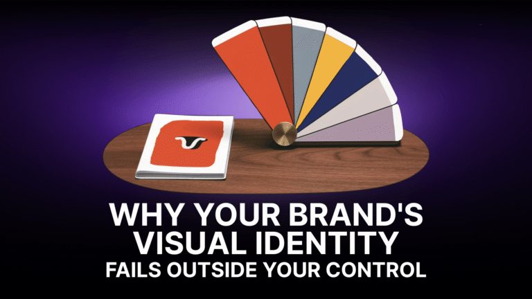 Illustration for why a brand’s visual identity fails outside its control, featuring a brand guide and color palette.