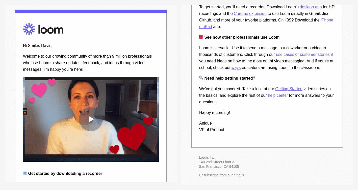 Loom founder-signed welcome email