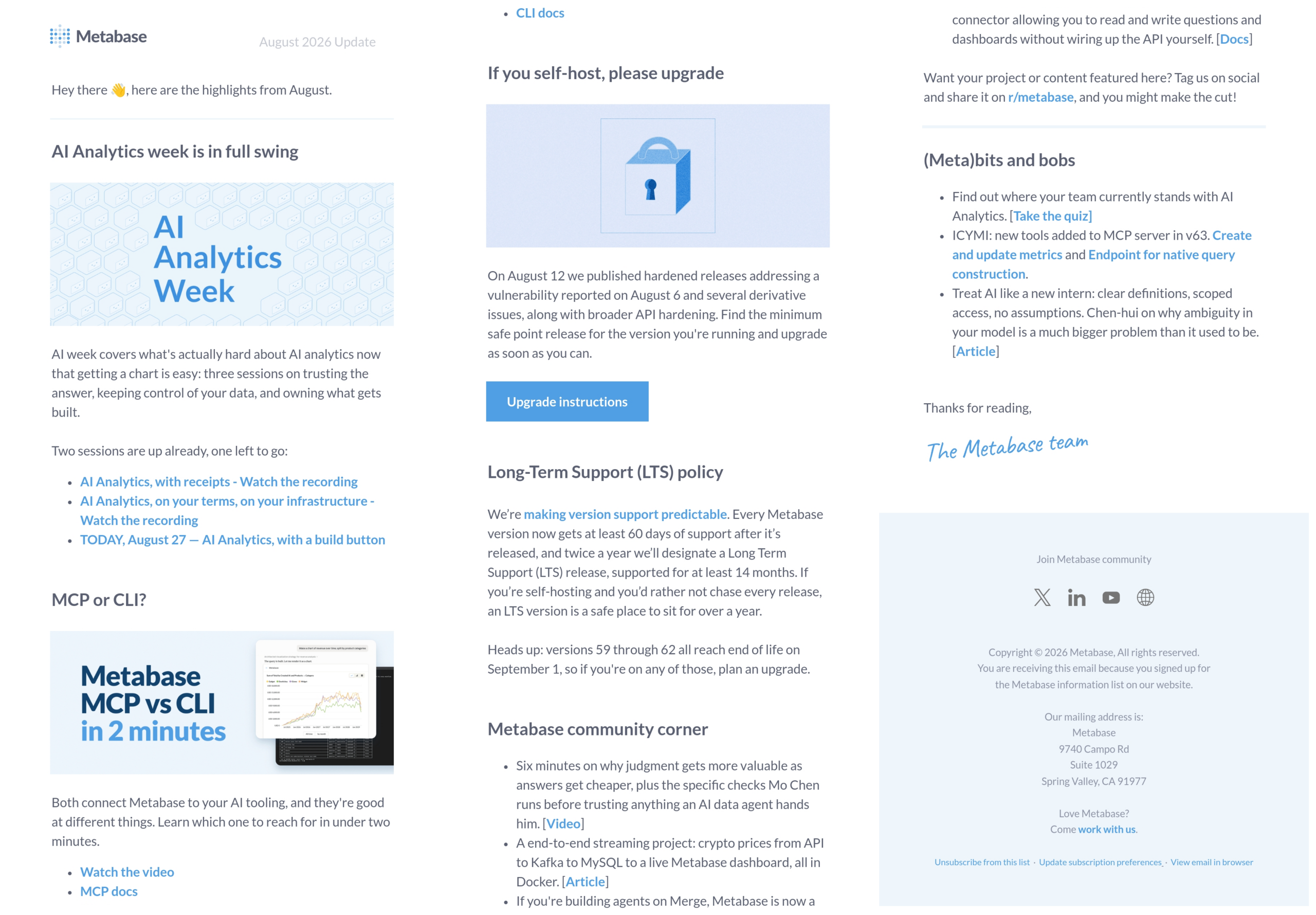 Metabase monthly product update newsletter
