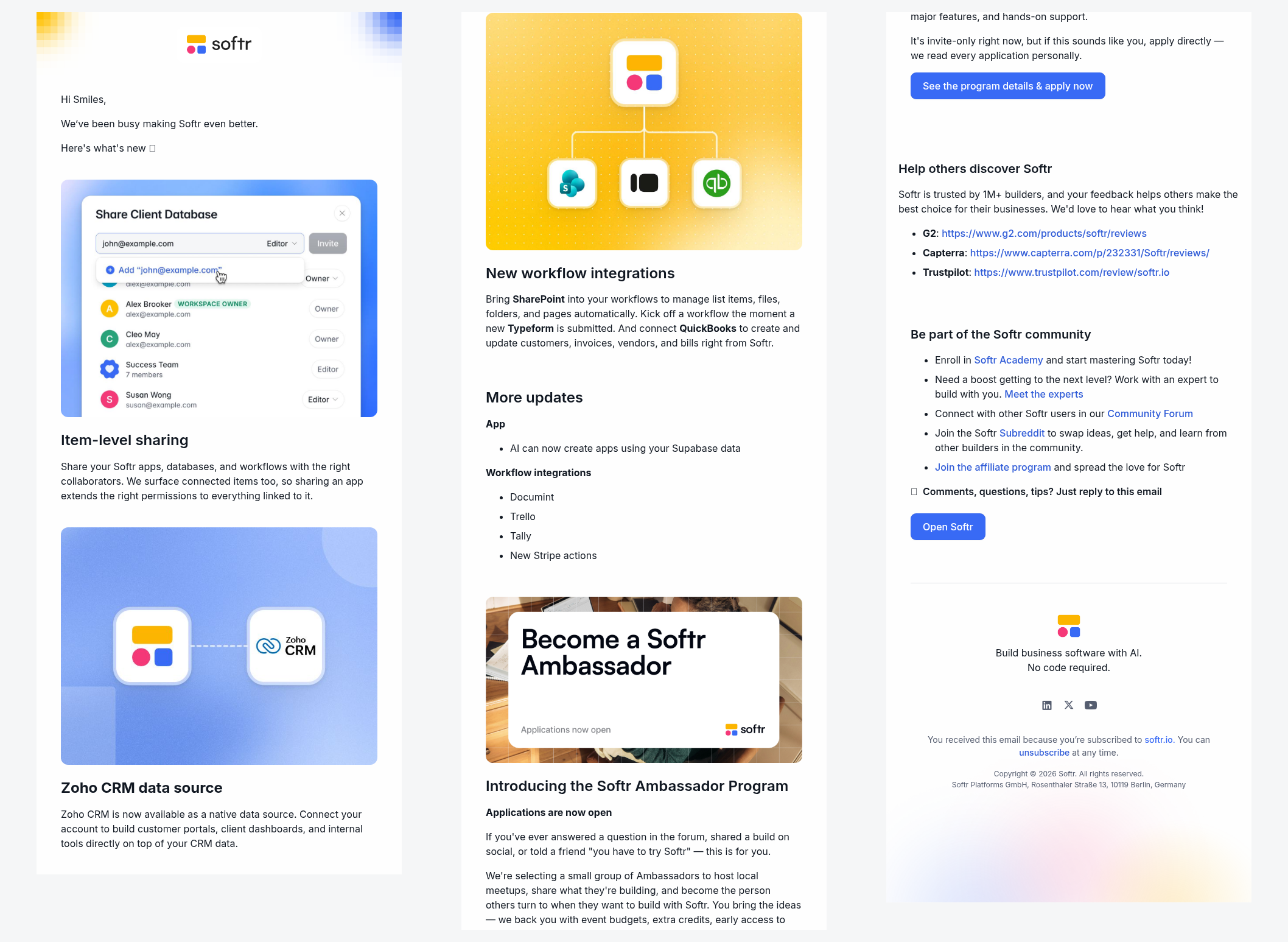 Softr product-update newsletter rounding up new features and integrations for no-code builders