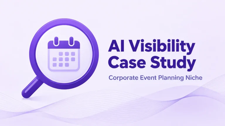 Zen Media AI visibility case study illustration for the corporate event planning niche, featuring a magnifying glass with a calendar icon.