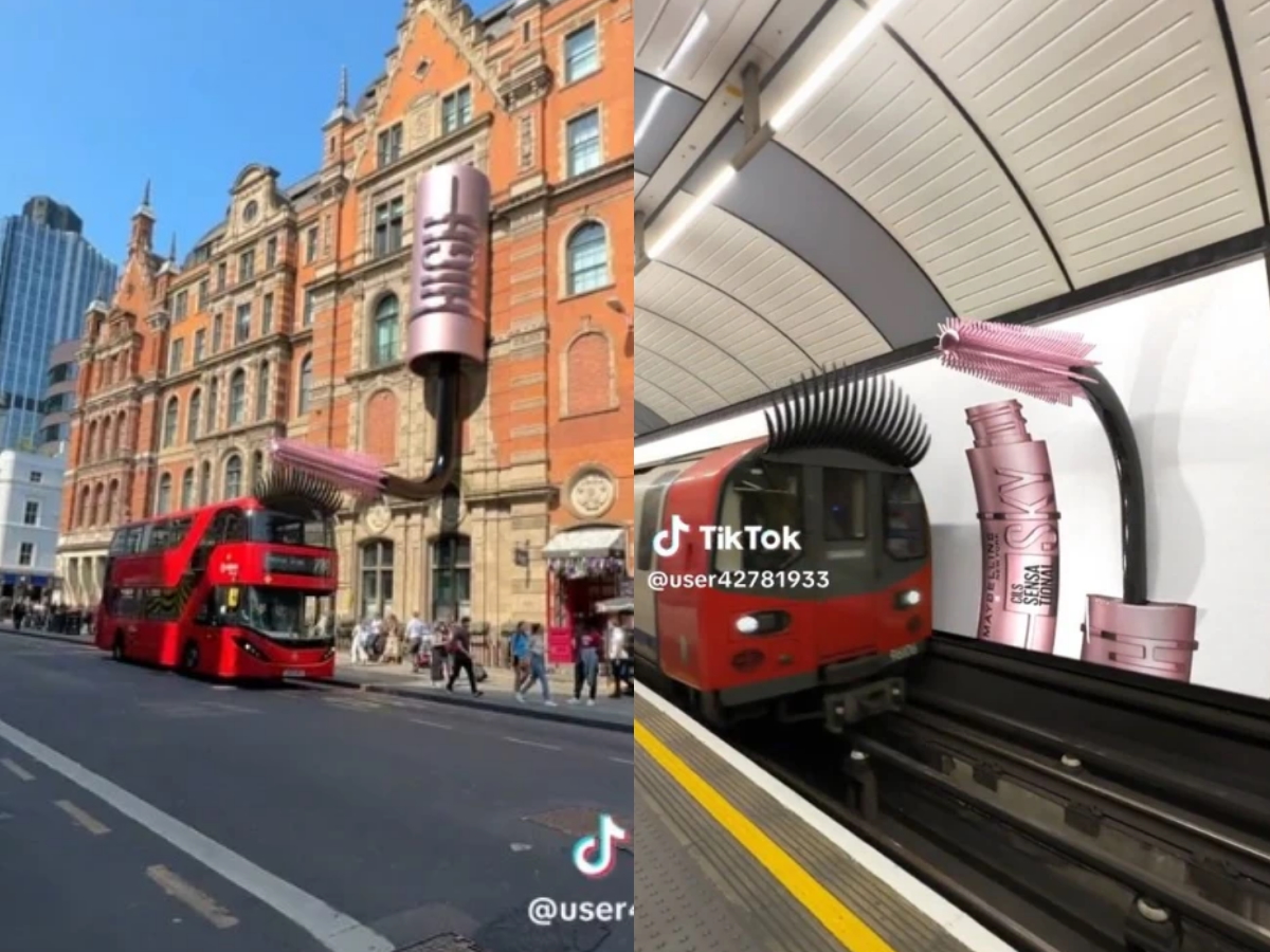 A CGI clip of a London Underground train and bus wearing giant false eyelashes brushed by a huge Maybelline mascara wand