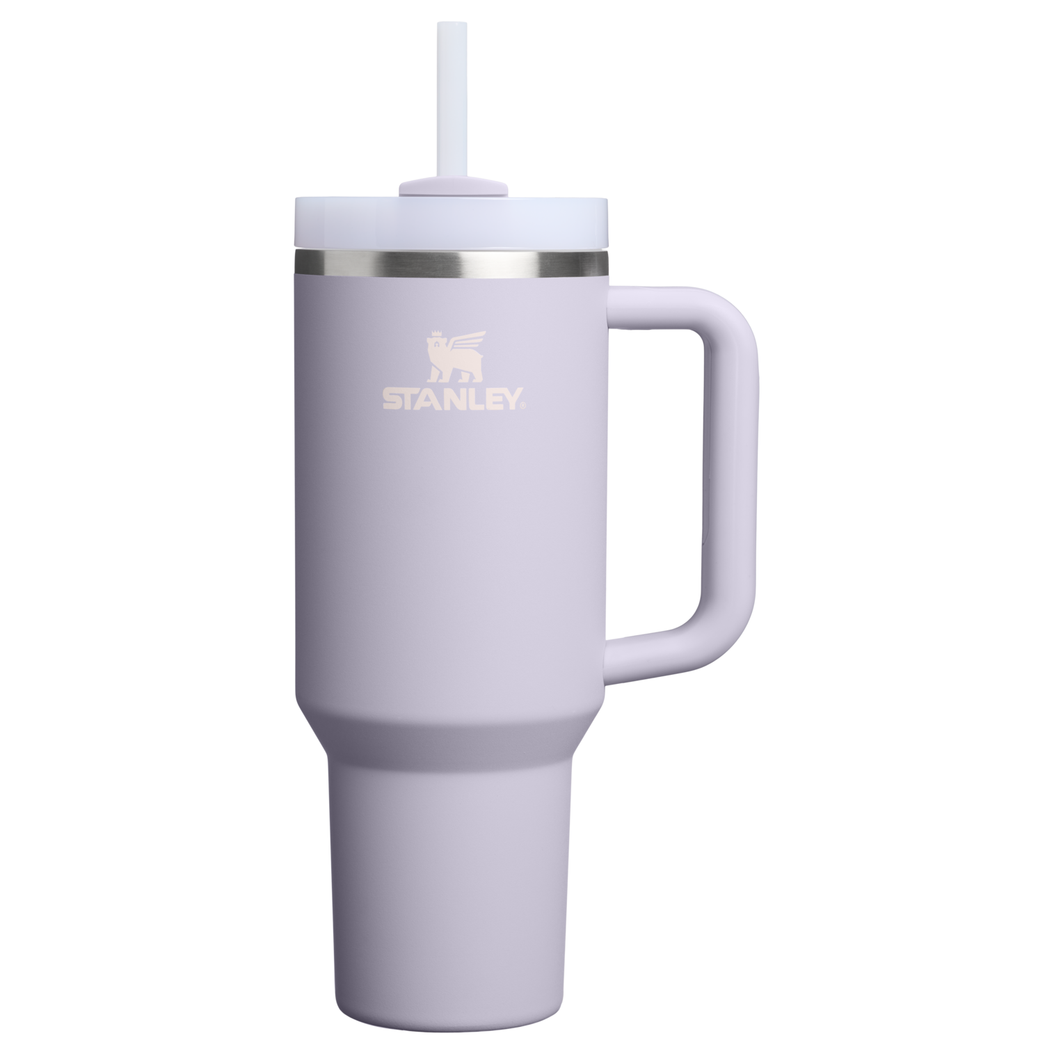 A lilac Stanley Quencher 40-ounce tumbler with a handle and reusable straw, the product behind the brand's viral color drops