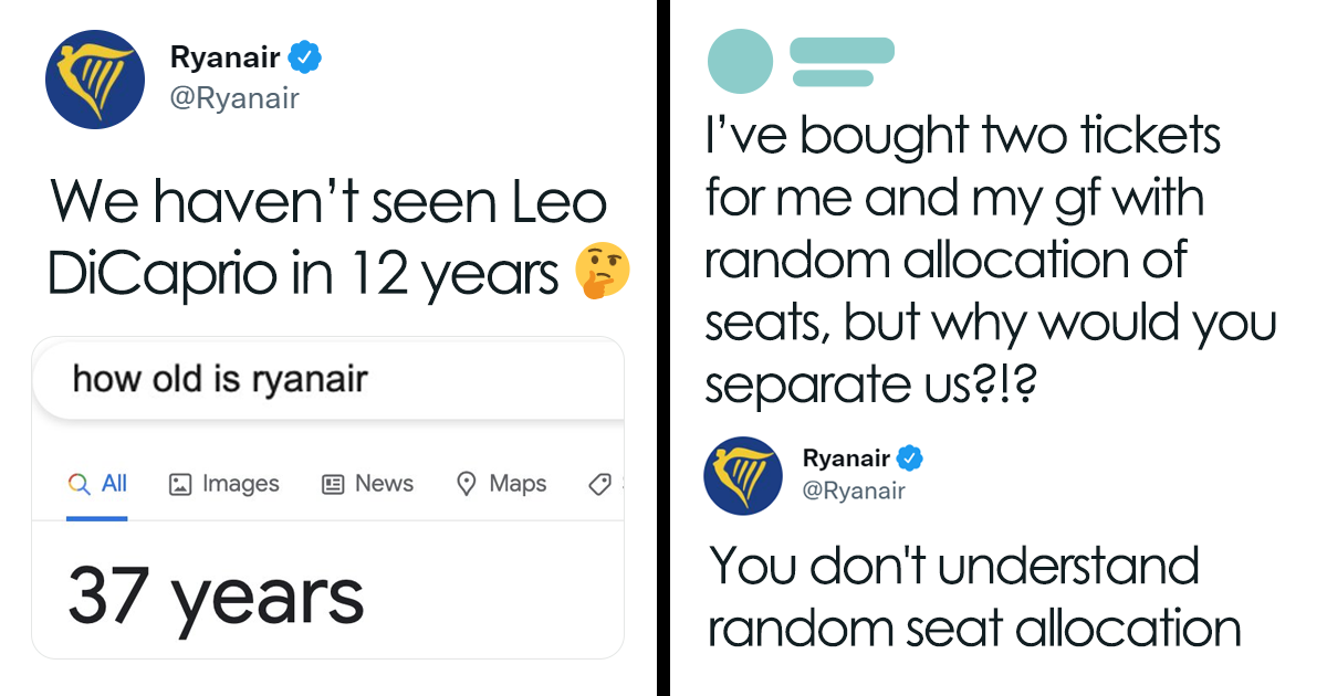 Ryanair's verified social account roasting itself and a passenger in its signature self-deprecating posts