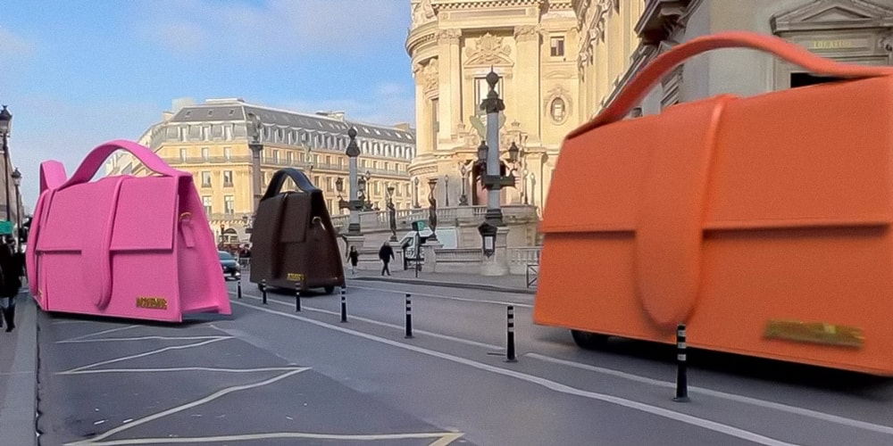 A CGI clip of oversized Jacquemus Bambino handbags driving like buses through the streets of Paris