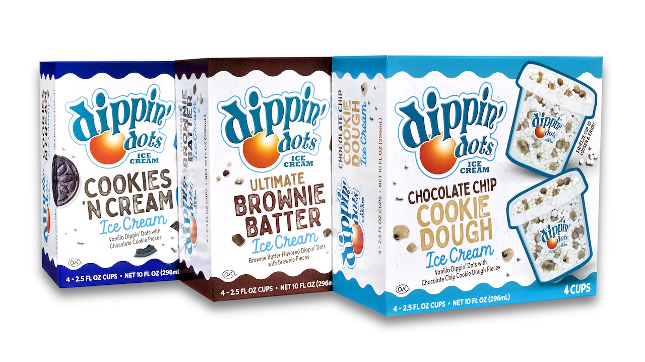 Retail boxes of Dippin' Dots beaded ice cream in Cookies 'N Cream, Brownie Batter, and Cookie Dough flavors