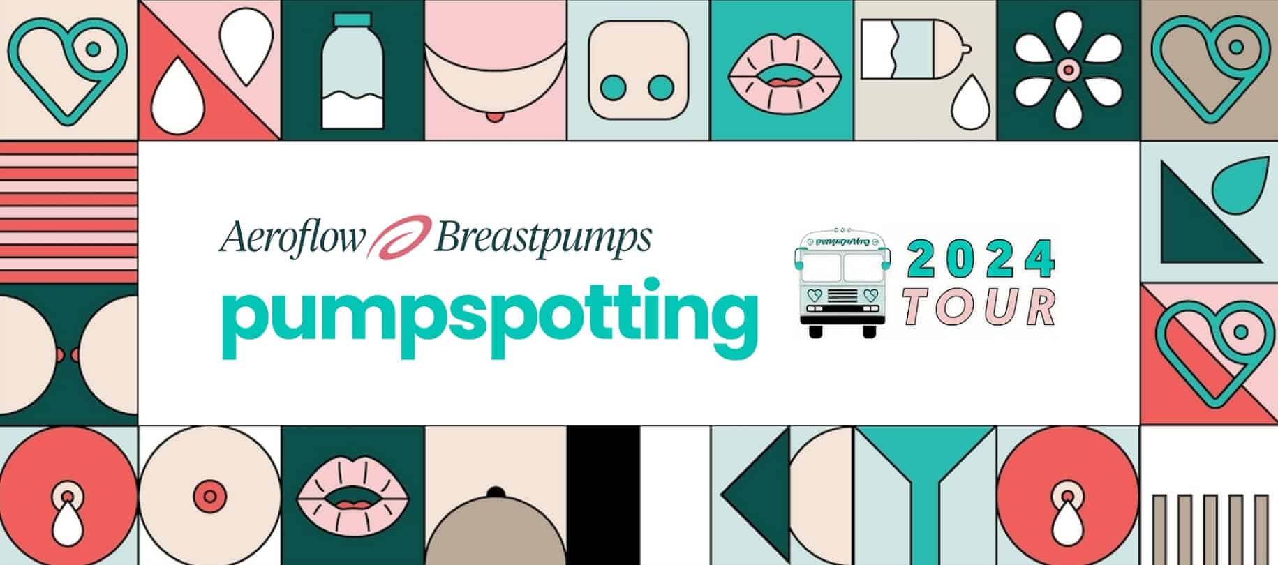 Aeroflow Breastpumps Pumpspotting 2024 Tour key art with the tour bus and maternal-health iconography