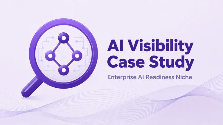 AI Visibility Optimization case study cover for the enterprise AI readiness niche, showing a magnifier over a connected node diagram.