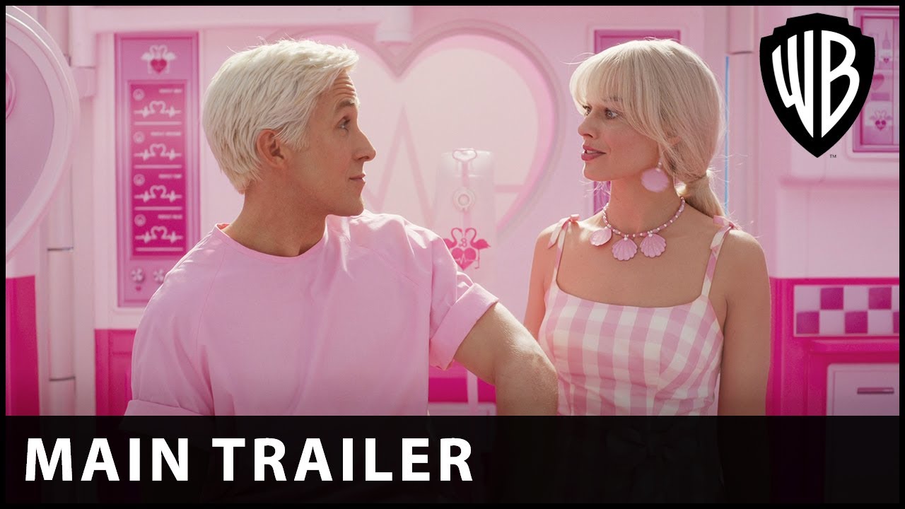 Margot Robbie as Barbie and Ryan Gosling as Ken in the pink Dreamhouse from the official Barbie movie trailer