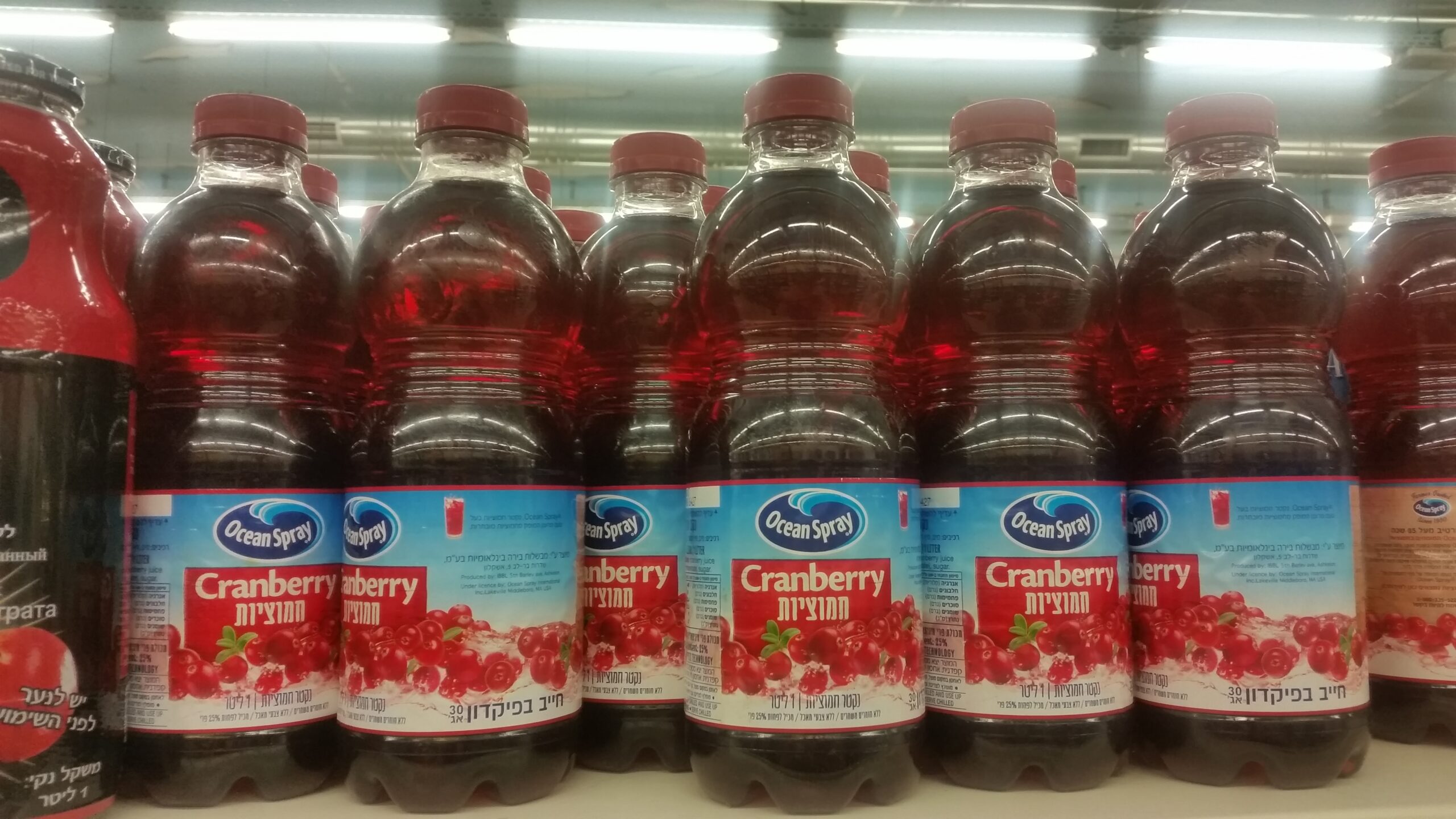Bottles of Ocean Spray cranberry juice lined up on a shelf, the product from the viral Dreams TikTok moment