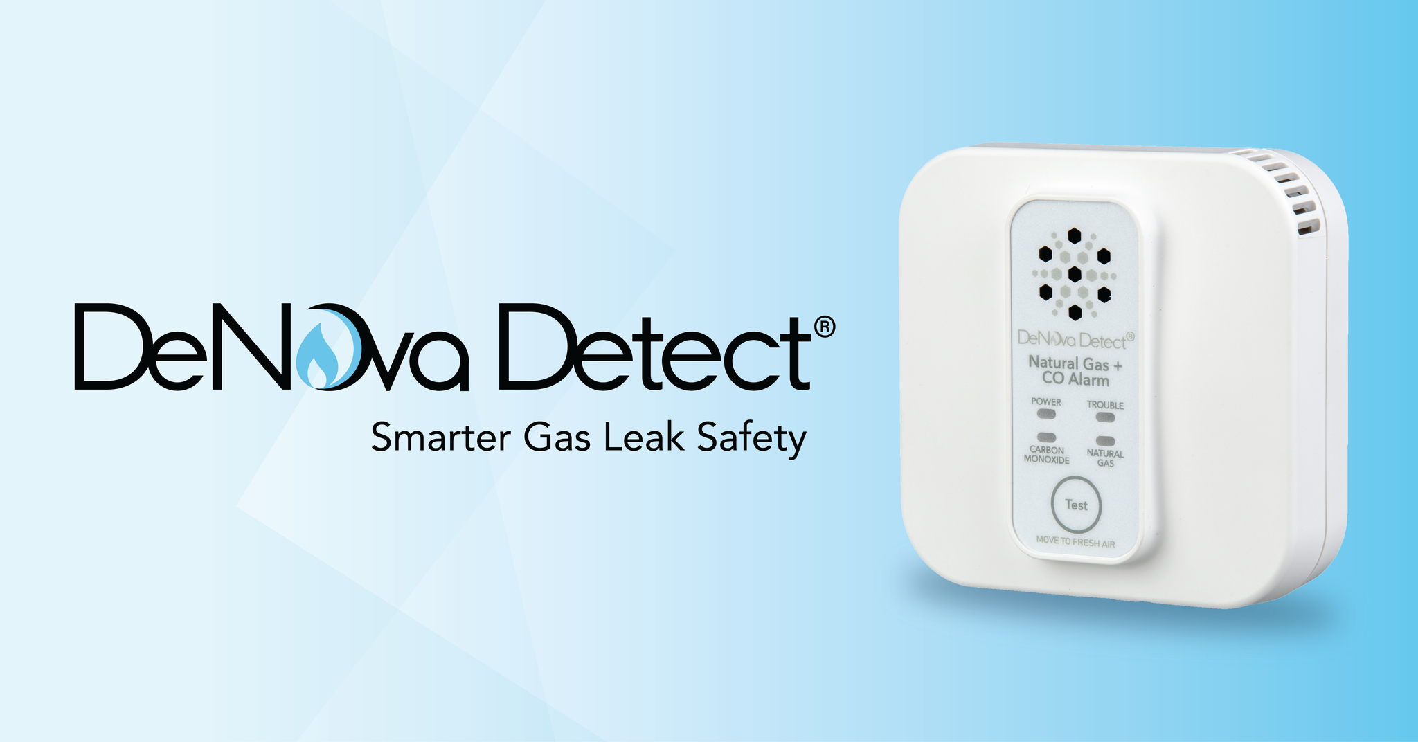 The white wall-mounted DeNova Detect natural gas and carbon monoxide alarm beside the DeNova Detect logo
